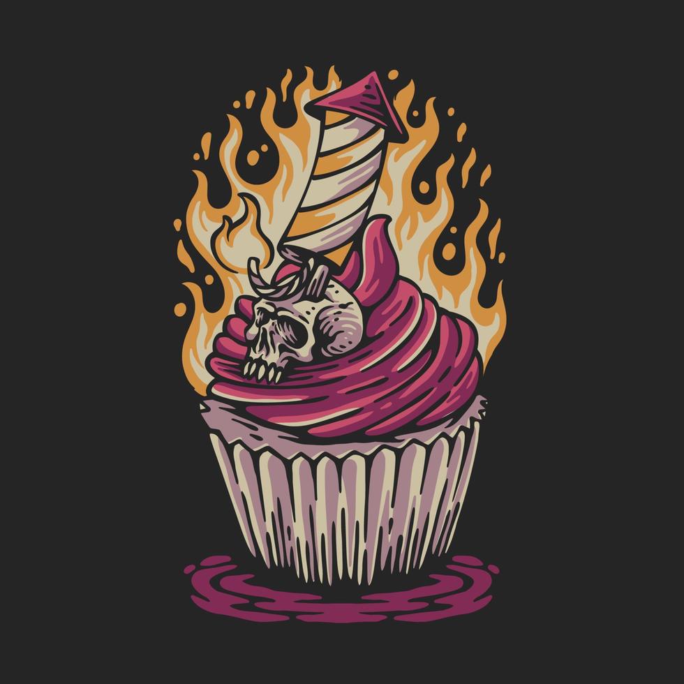 vector illustration New Year's cake topped with skulls and firecrackers on a background of fire for t shirt design