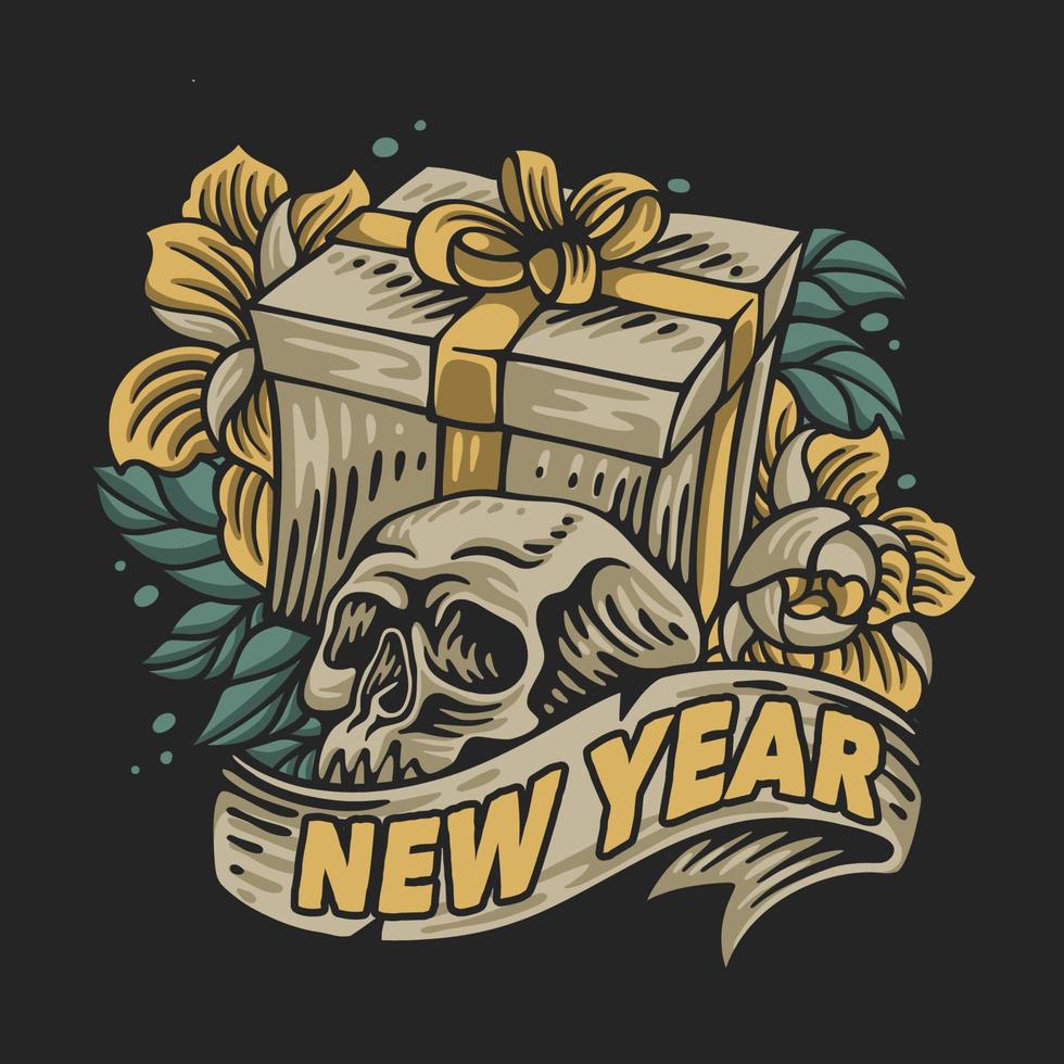 ilustración vectorial año nuevo con una caja de regalo de calavera y algunas flores a su alrededor para el diseño de camisetas vector