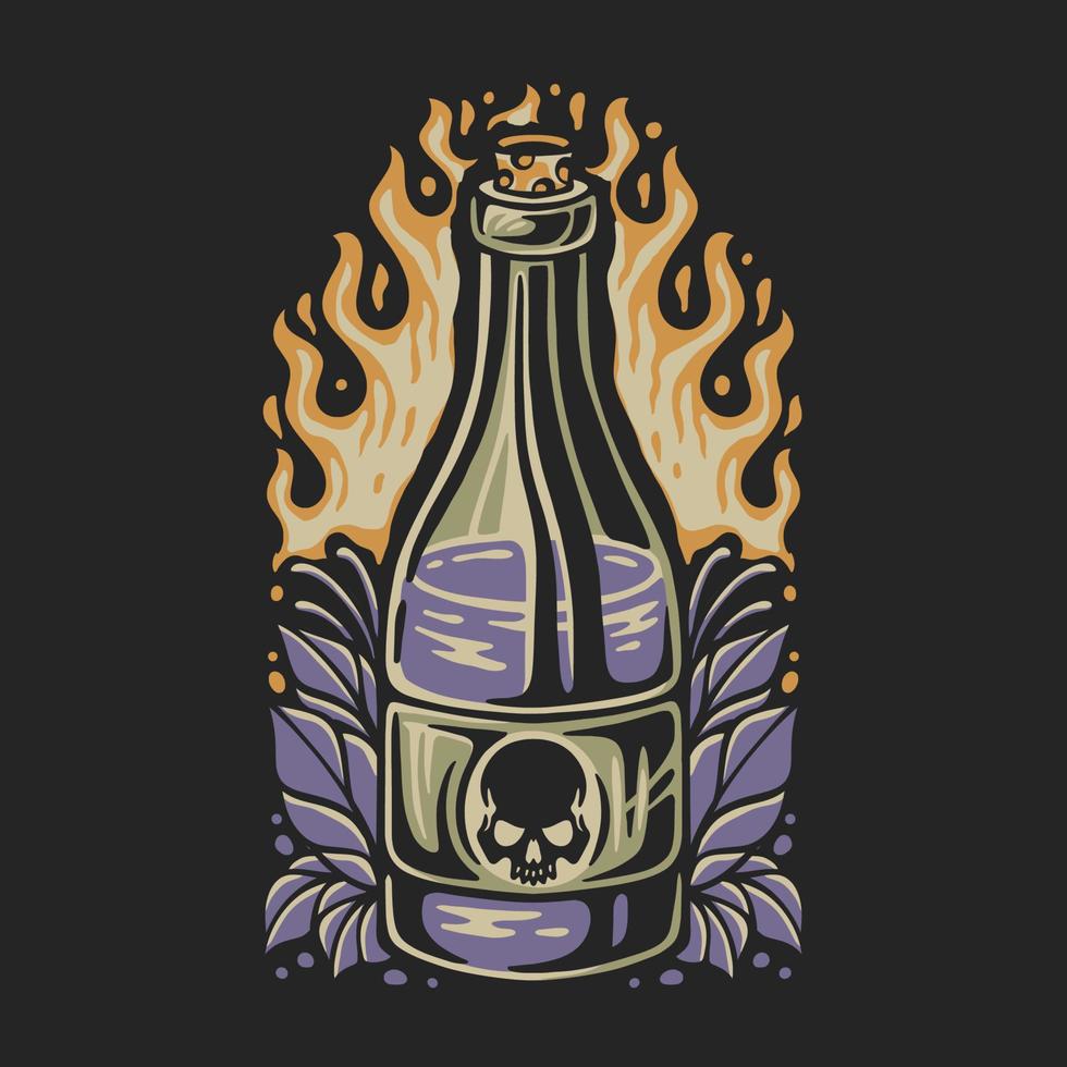 vector illustration beer drink with a skull logo and some flowers around it on a fire background for t shirt design