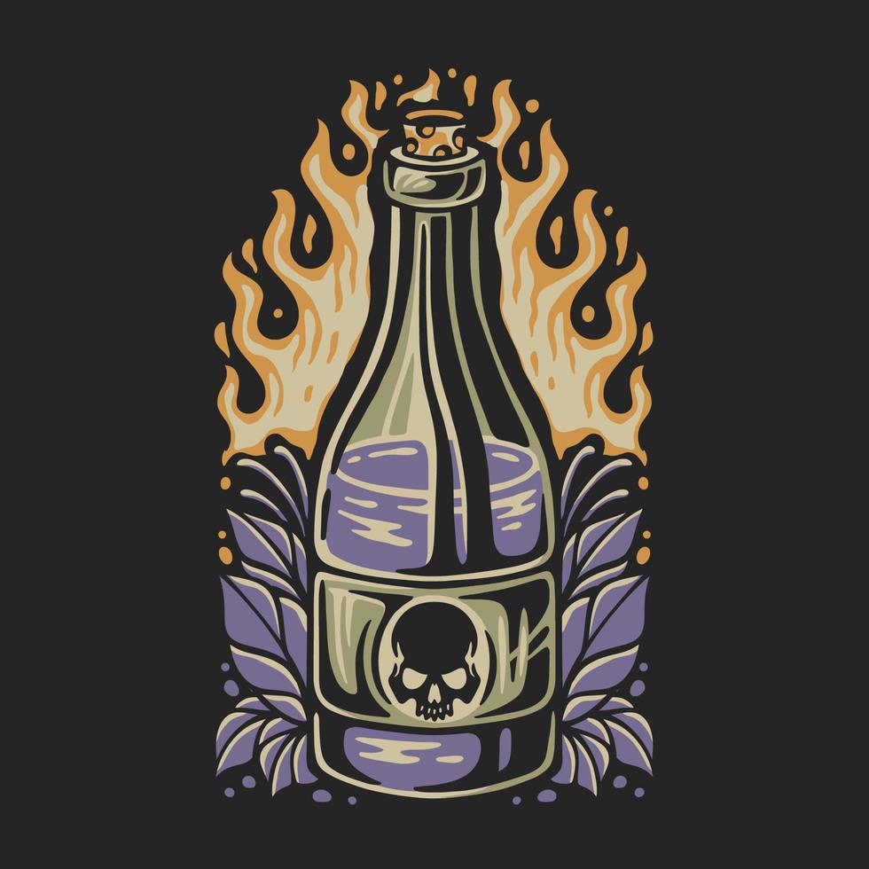 bebida de cerveza de ilustración vectorial con un logotipo de calavera y algunas flores a su alrededor en un fondo de fuego para el diseño de camisetas vector