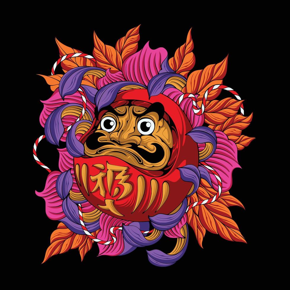 colorido daruma japonés con flores y hojas creciendo a su alrededor con una cuerda de dos colores alrededor para el diseño de camisetas vector