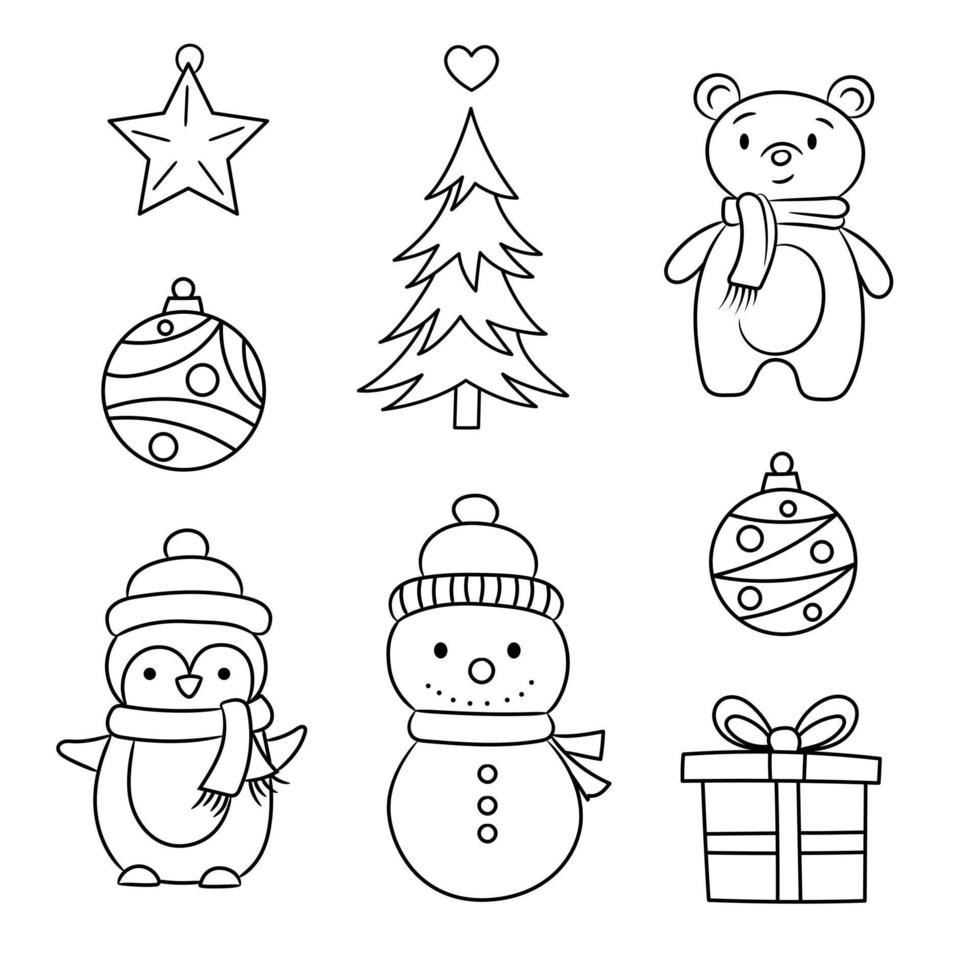Cute christmas line art illustrations, holiday decoration vector