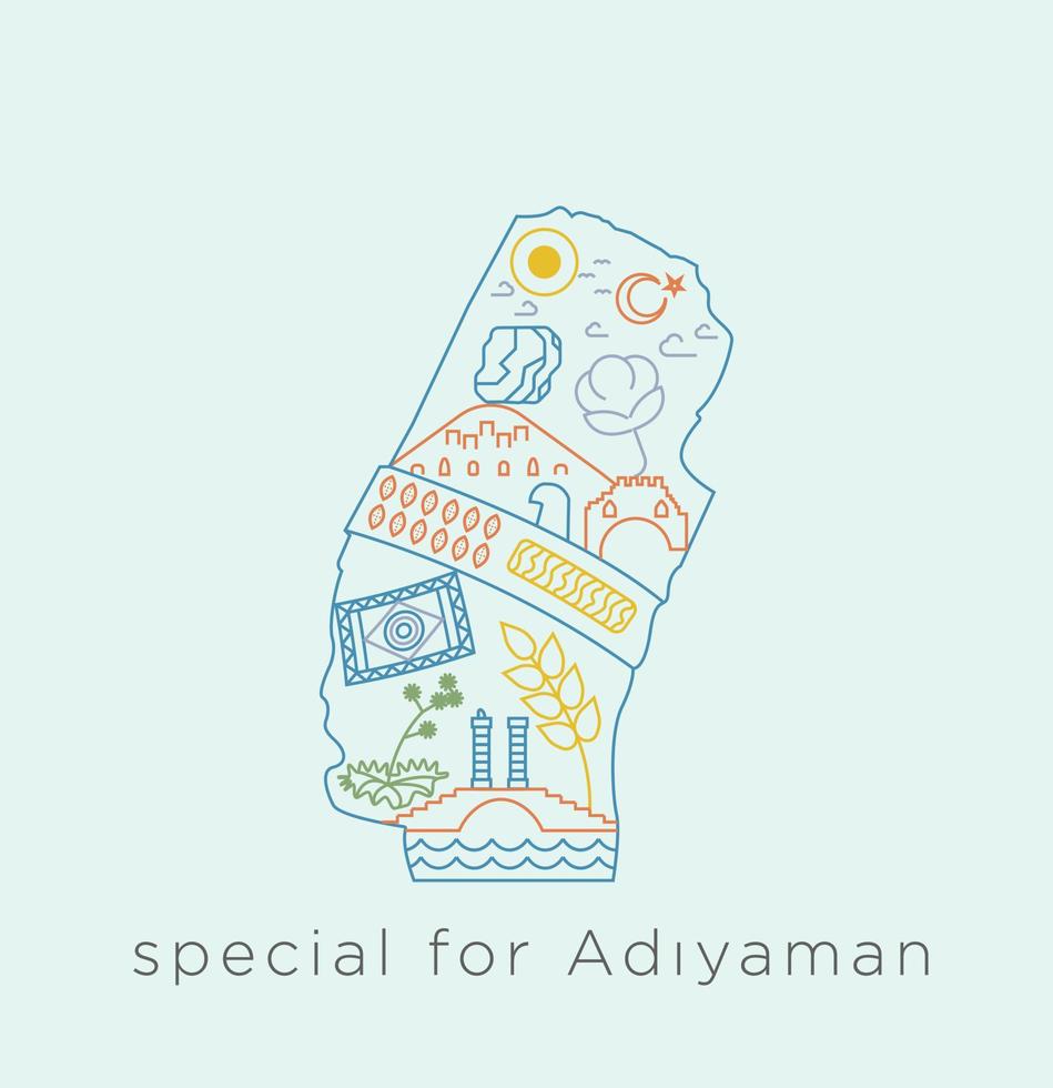 A special icon series for Turkey - Adiyaman. Collage of historical places, mount Nemrut, moon and star, Cendere Bridge, rug, castle line in related line. vector