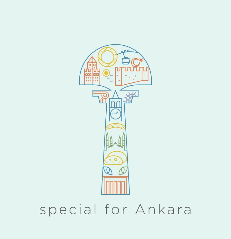 serie de iconos especiales para ankara. collage de línea relacionado con lugares históricos, gato ankara, teleférico, luna y estrella, mezquita, muralla del castillo, bagel, dentro de la línea del castillo. vector