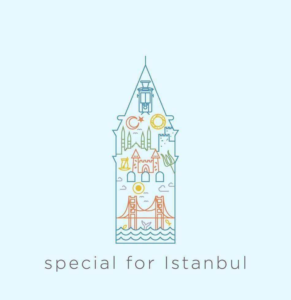 Special icon series for Istanbul. Line collage about historical places, mosques, bridge, bagel, tea, within the line of Galata Tower. vector