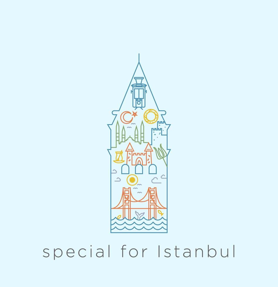 Special icon series for Istanbul. Line collage about historical places, mosques, bridge, bagel, tea, within the line of Galata Tower. vector