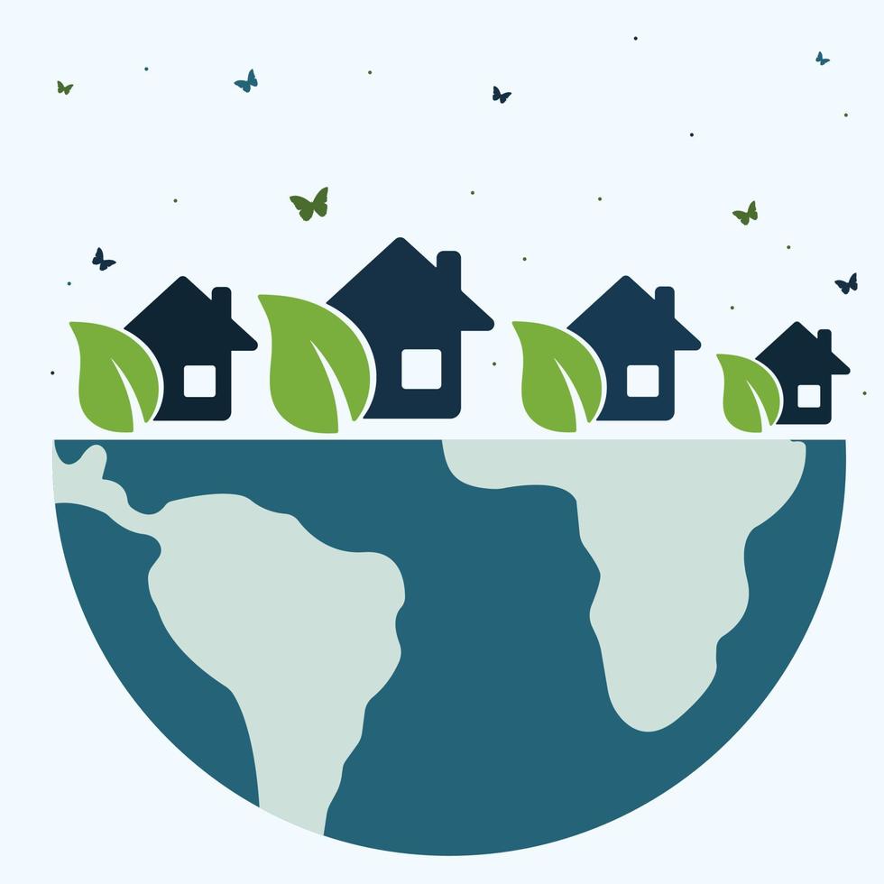 icono, pegatina, botón sobre el tema del ahorro y la energía renovable con la tierra, el planeta, las casas y las mariposas vector