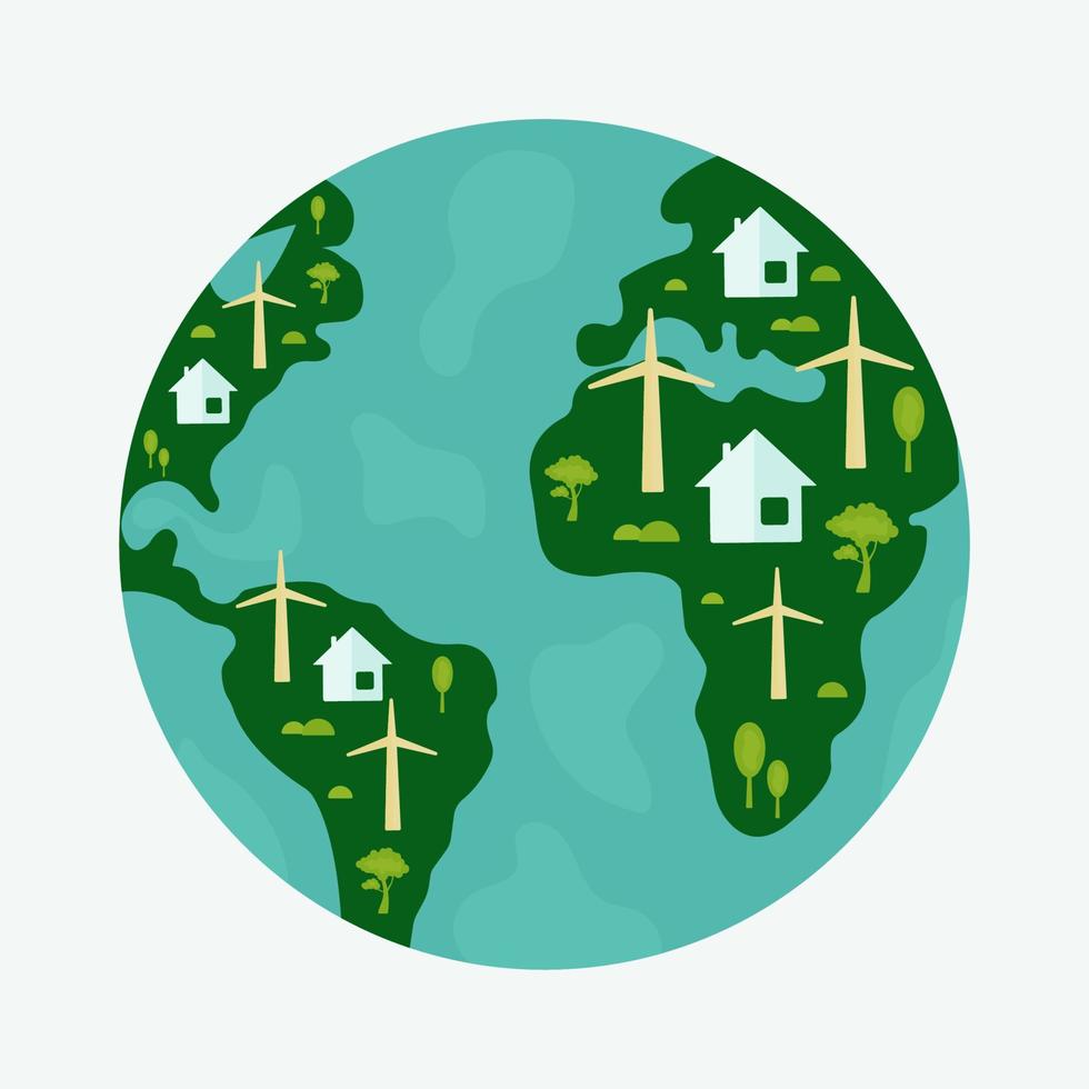 icono, pegatina, botón sobre el tema del ahorro y la energía renovable con la tierra, el planeta, las casas y las turbinas eólicas vector
