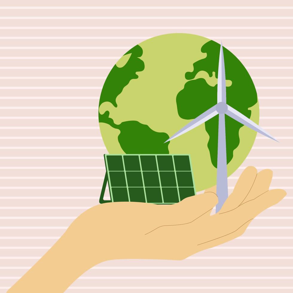 icon, sticker, button on the theme of saving and renewable energy with hand holding earth, planet, wind turbine and solar panel vector