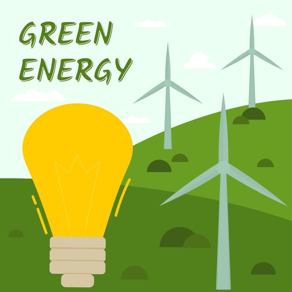 icono, pegatina, botón sobre el tema del ahorro y la energía renovable con bombilla, turbina eólica en el paisaje verde vector