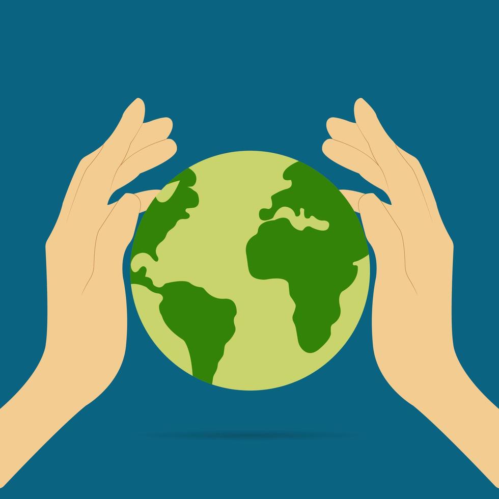 icon, sticker, button on the theme of saving earth with hands holding earth, planet on blue background vector