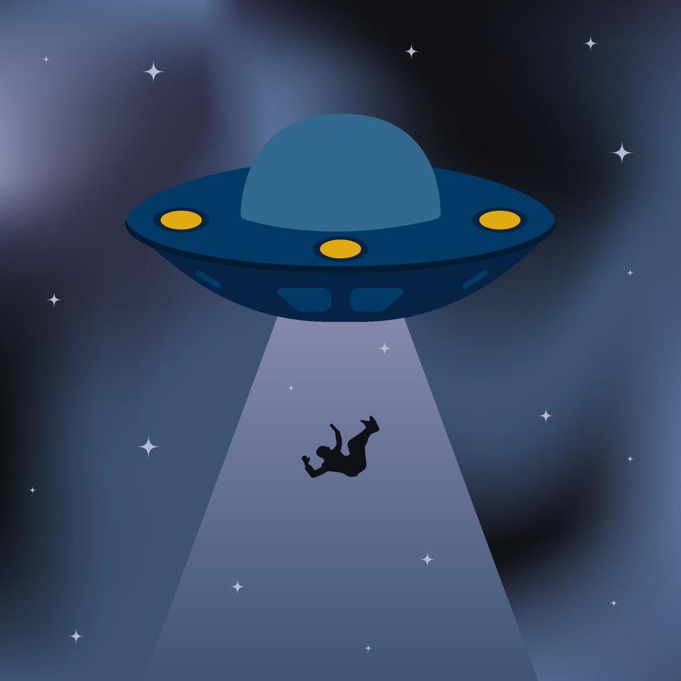 badge, sticker, illustration with flying saucer, UFO and kidnapping human on dark gradient background with stars vector