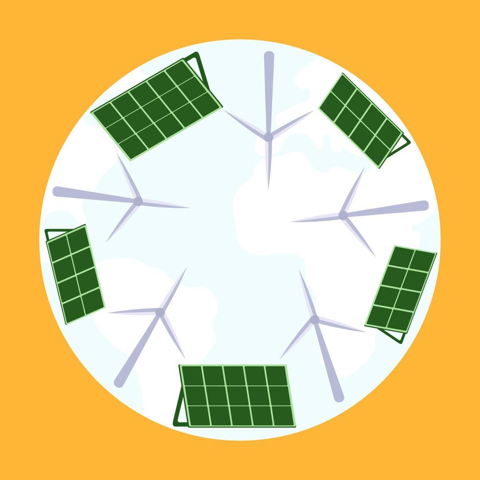 icono, pegatina, botón sobre el tema del ahorro y la energía renovable con turbinas eólicas y paneles solares dentro de la tierra, planeta sobre fondo naranja vector