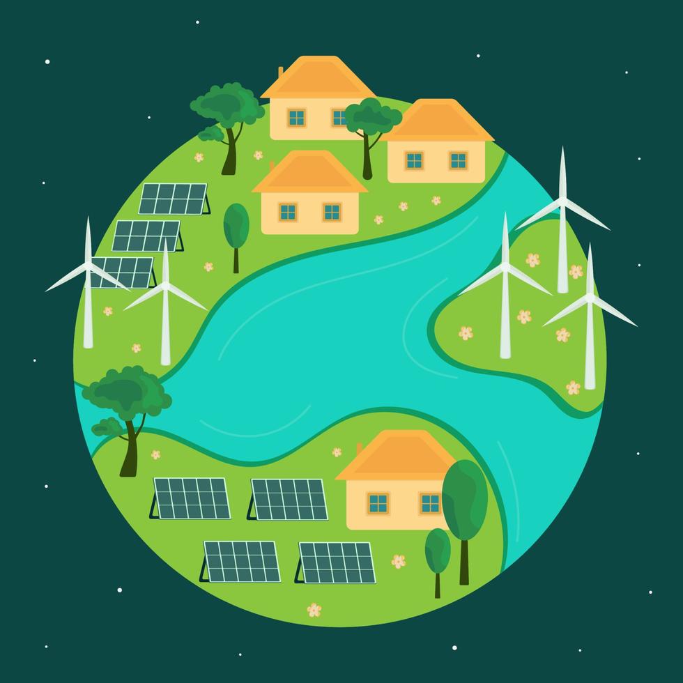 icono, pegatina, afiche sobre el tema del ahorro y la energía renovable con la tierra, el planeta, la turbina eólica, los paneles solares, las casas y los árboles vector