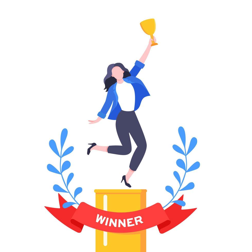 Best worker employee winner with trophy cup inside award ribbon and floral wreath flat style design vector illustration.