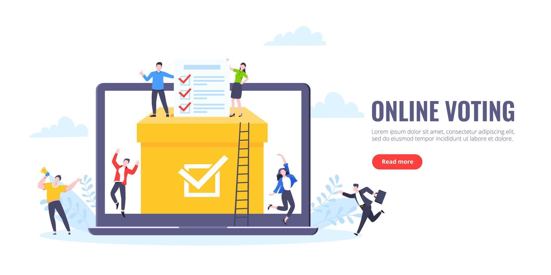 Online voting concept flat style design vector illustration. Tiny people with voting poll online survey working together.