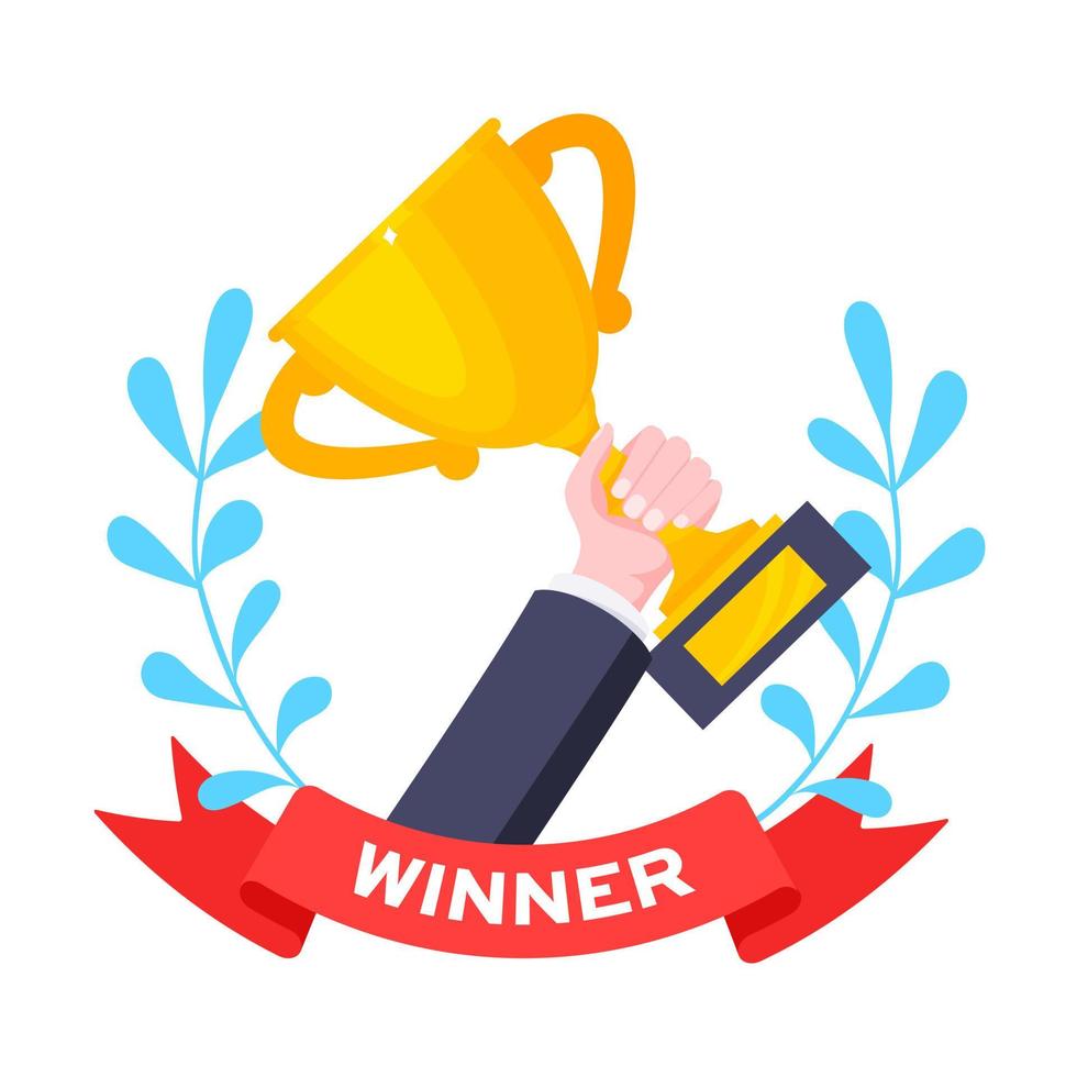 Best worker employee winner with trophy cup inside award ribbon and floral wreath flat style design vector illustration.