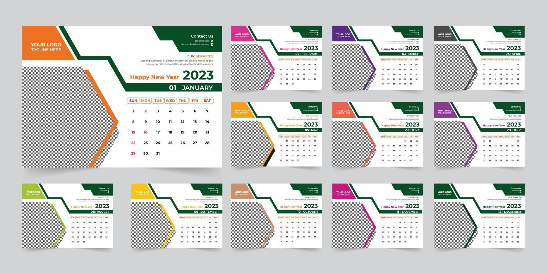 vector de plantilla de diseño de calendario de escritorio de año nuevo moderno 2023, plantilla de diseño de calendario creativo de alta calidad listo para imprimir