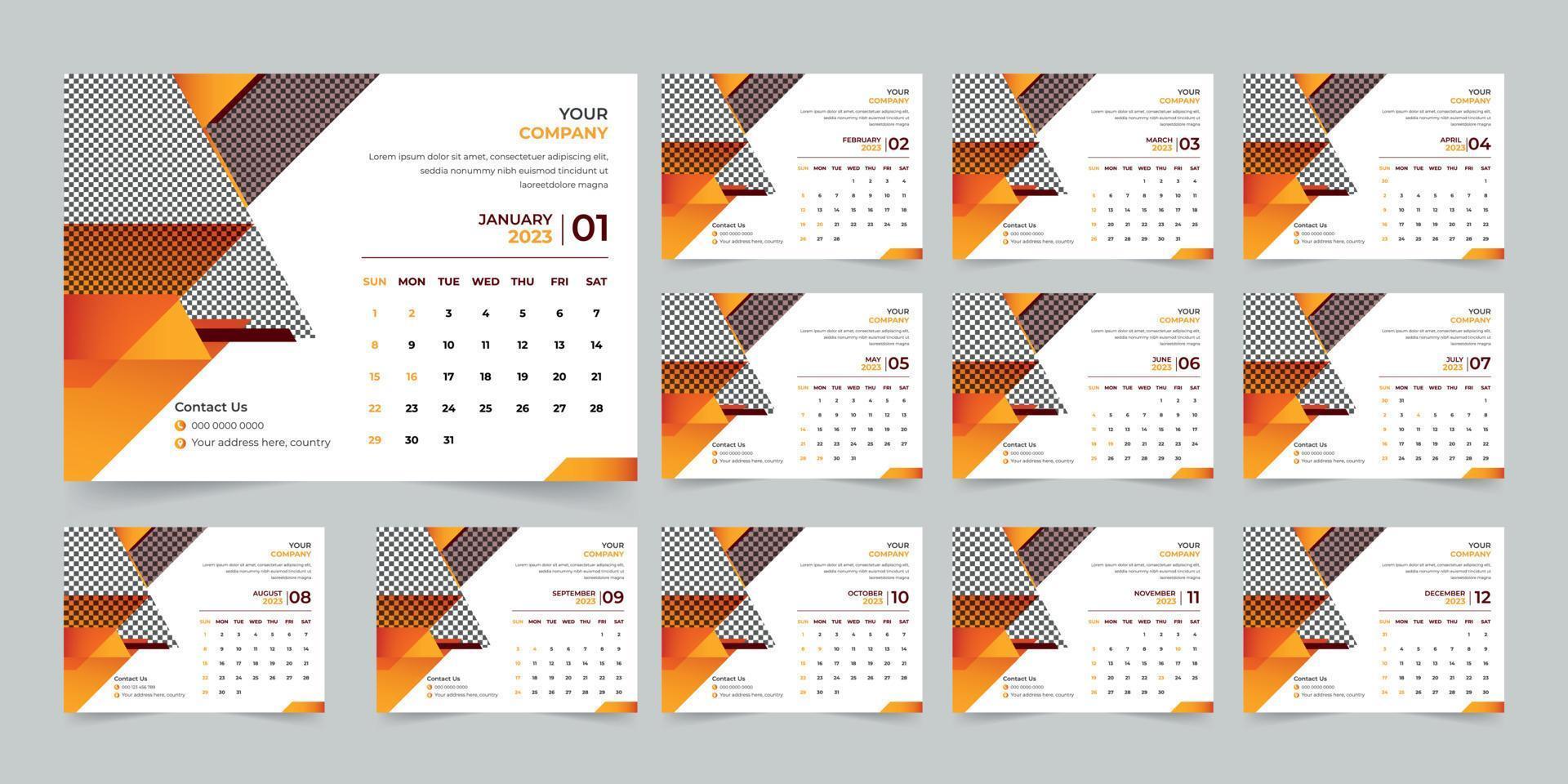 vector de plantilla de diseño de calendario de escritorio de año nuevo moderno 2023, plantilla de diseño de calendario creativo de alta calidad listo para imprimir