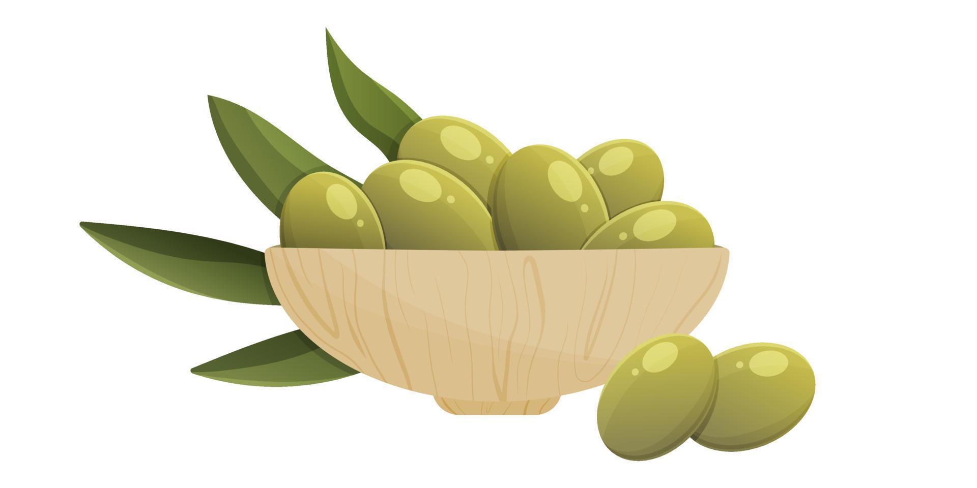 Green olives on a plate. Cartoon vector isolated illustration