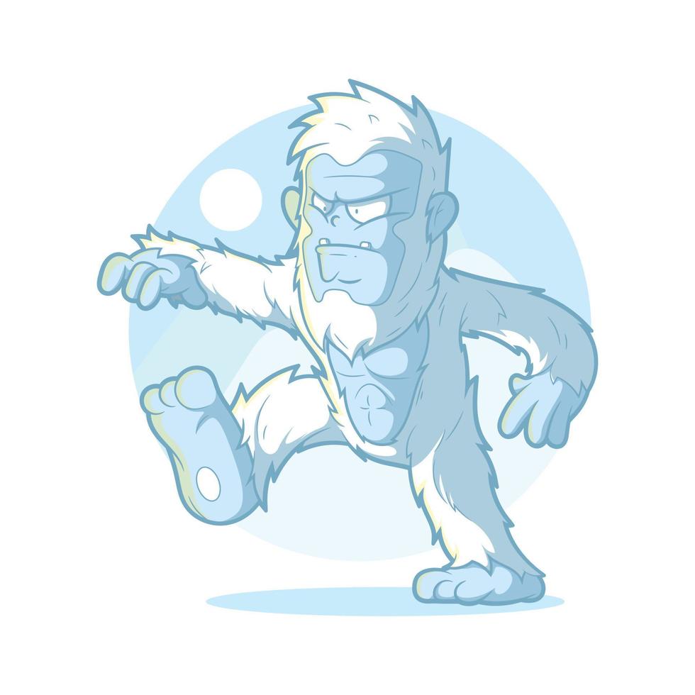 personaje yeti caminando sobre la ilustración del vector de nieve. mito, imaginación, concepto de diseño de monstruos.