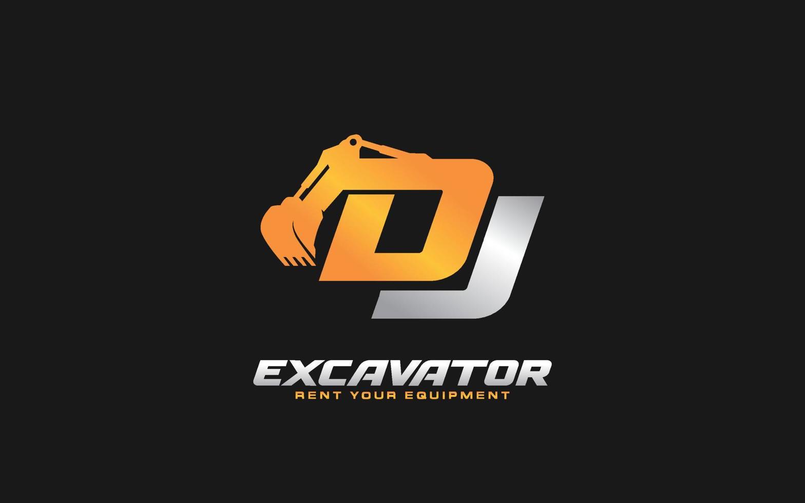 DJ logo excavator for construction company. Heavy equipment template vector illustration for your brand.