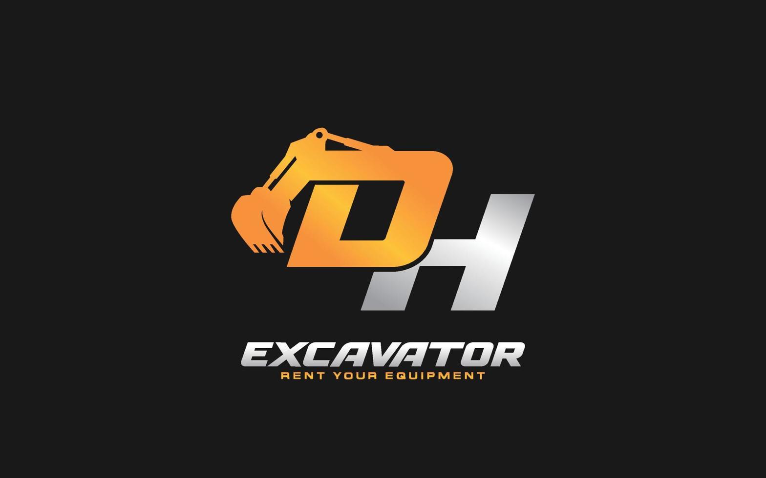 Excavadora con logotipo dh para empresa constructora. ilustración de vector de plantilla de equipo pesado para su marca.