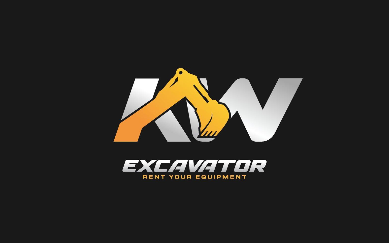 Excavadora con logotipo kw para empresa constructora. ilustración de vector de plantilla de equipo pesado para su marca.