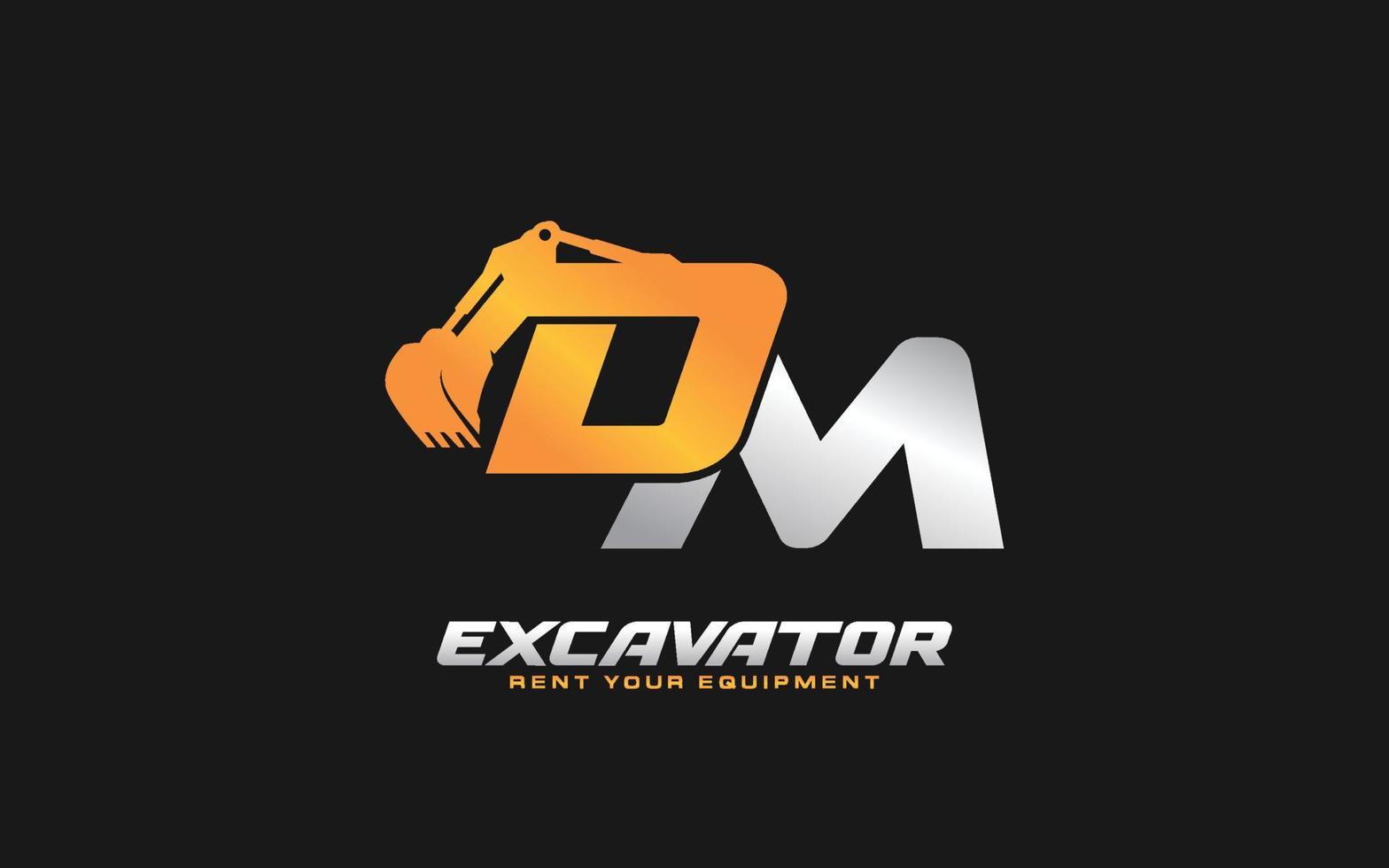 DM logo excavator for construction company. Heavy equipment template vector illustration for your brand.