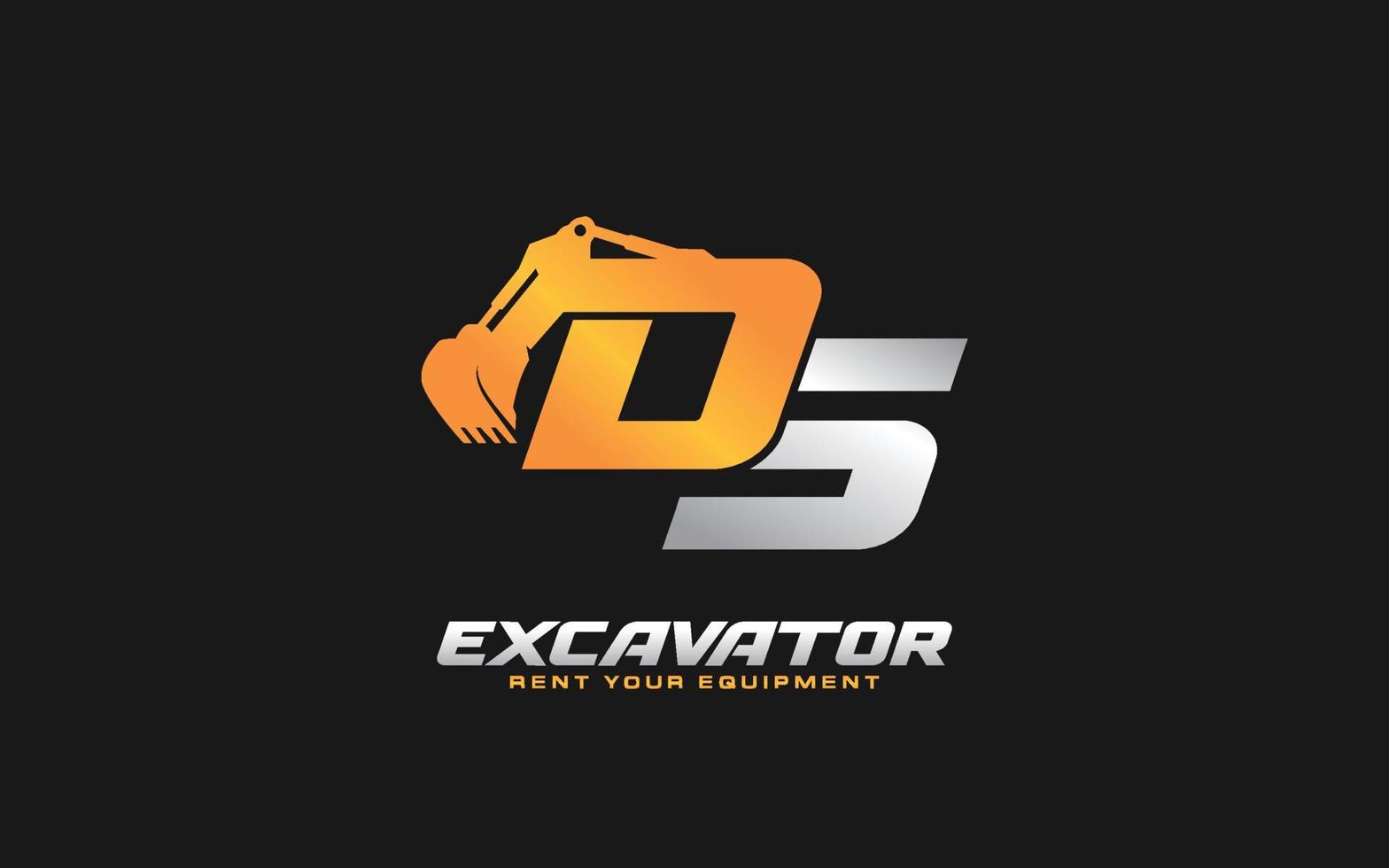 DS logo excavator for construction company. Heavy equipment template vector illustration for your brand.