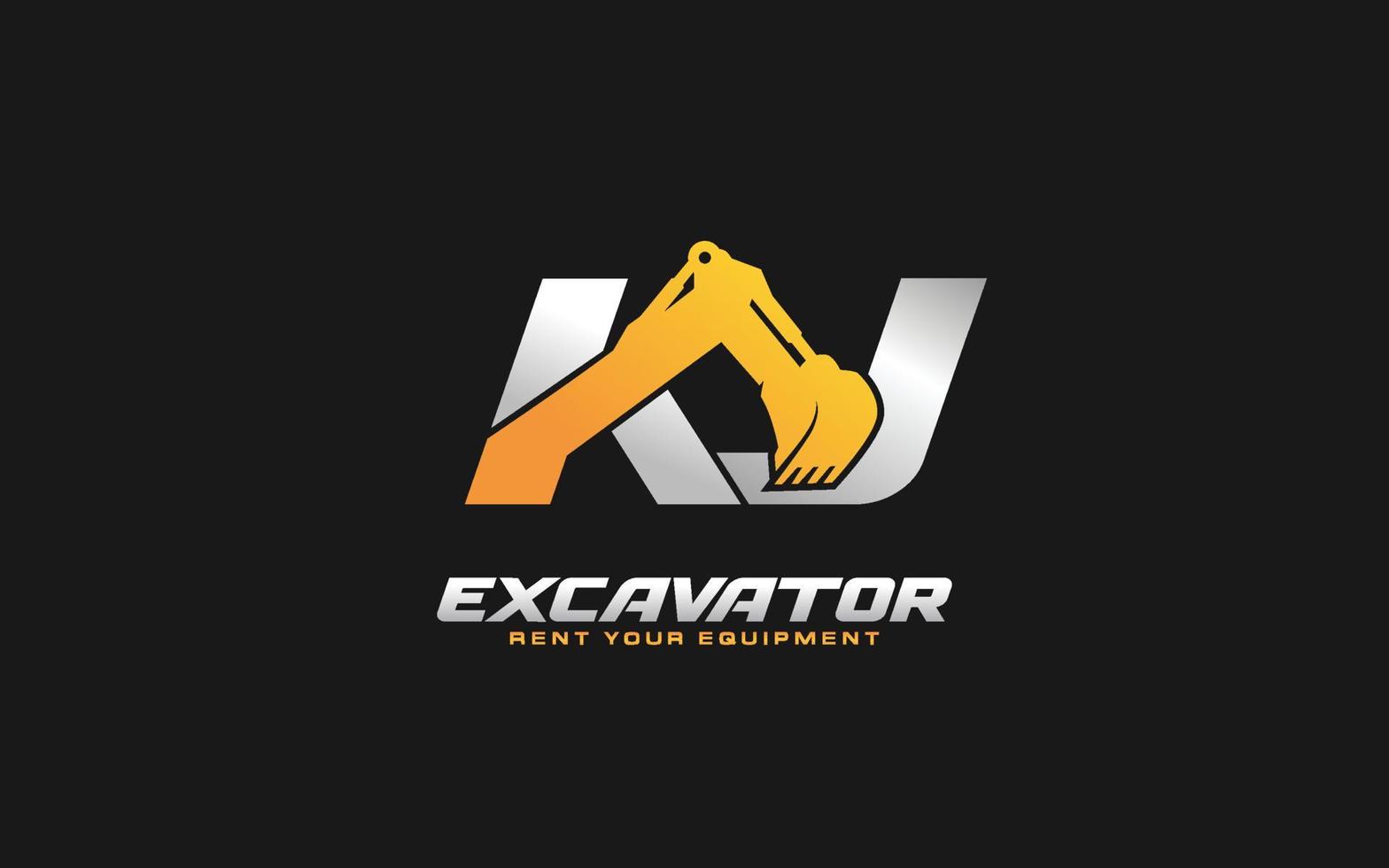 KJ logo excavator for construction company. Heavy equipment template vector illustration for your brand.