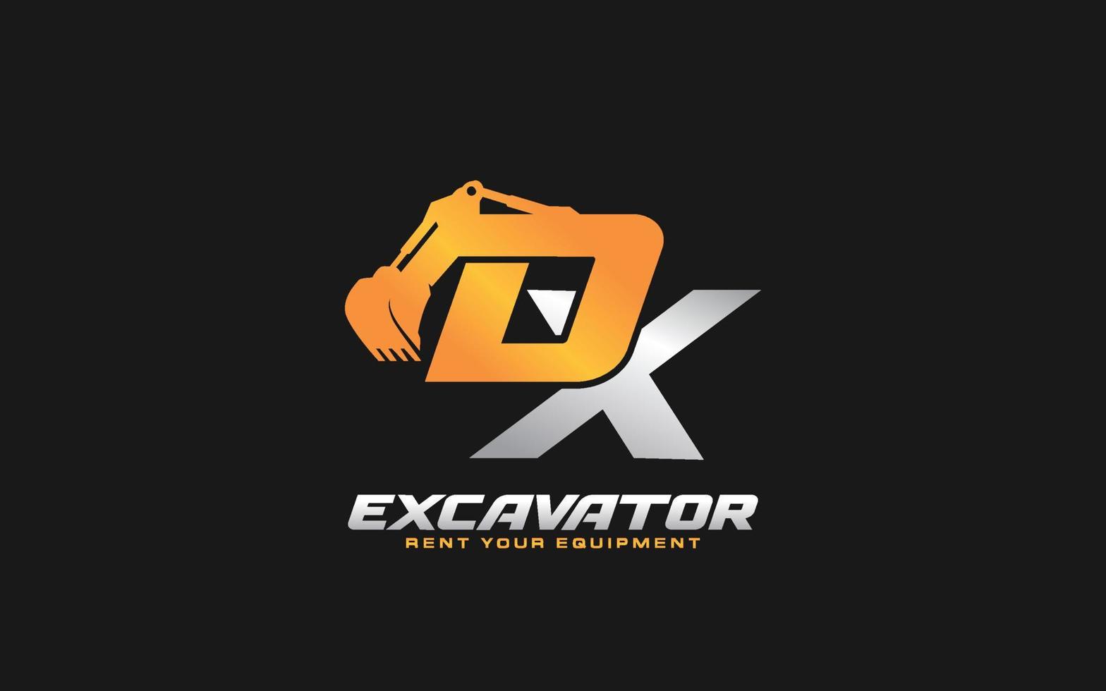 Excavadora de logotipo dx para empresa constructora. ilustración de vector de plantilla de equipo pesado para su marca.