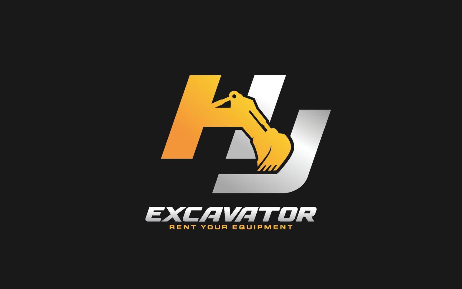 HJ logo excavator for construction company. Heavy equipment template vector illustration for your brand.