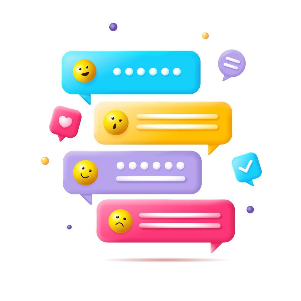 3d Speech Bubble with Emoji Signs Set Cartoon Style. Vector