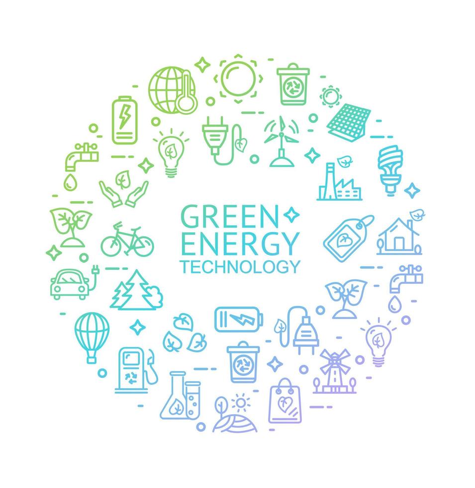 Green Energy Signs Round Design Template Thin Line Icon Concept. Vector