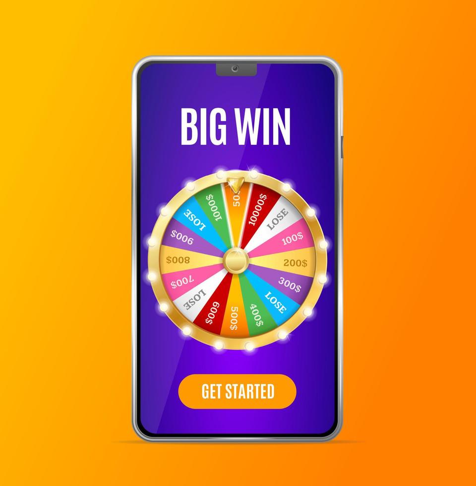 pantalla de teléfono móvil 3d detallada y realista con rueda de la fortuna del casino. vector
