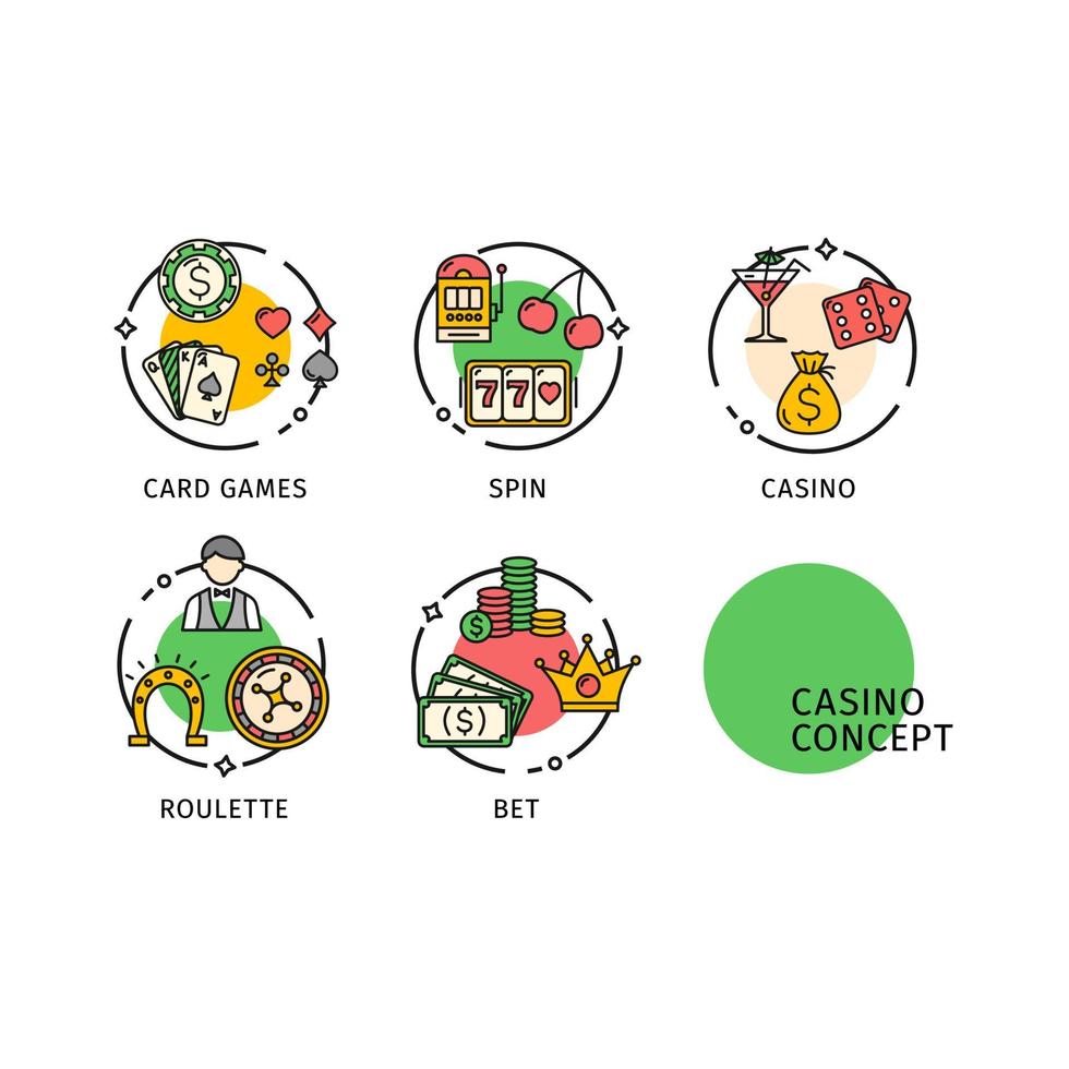 juego de etiquetas de iconos de línea fina de concepto de casino. vector