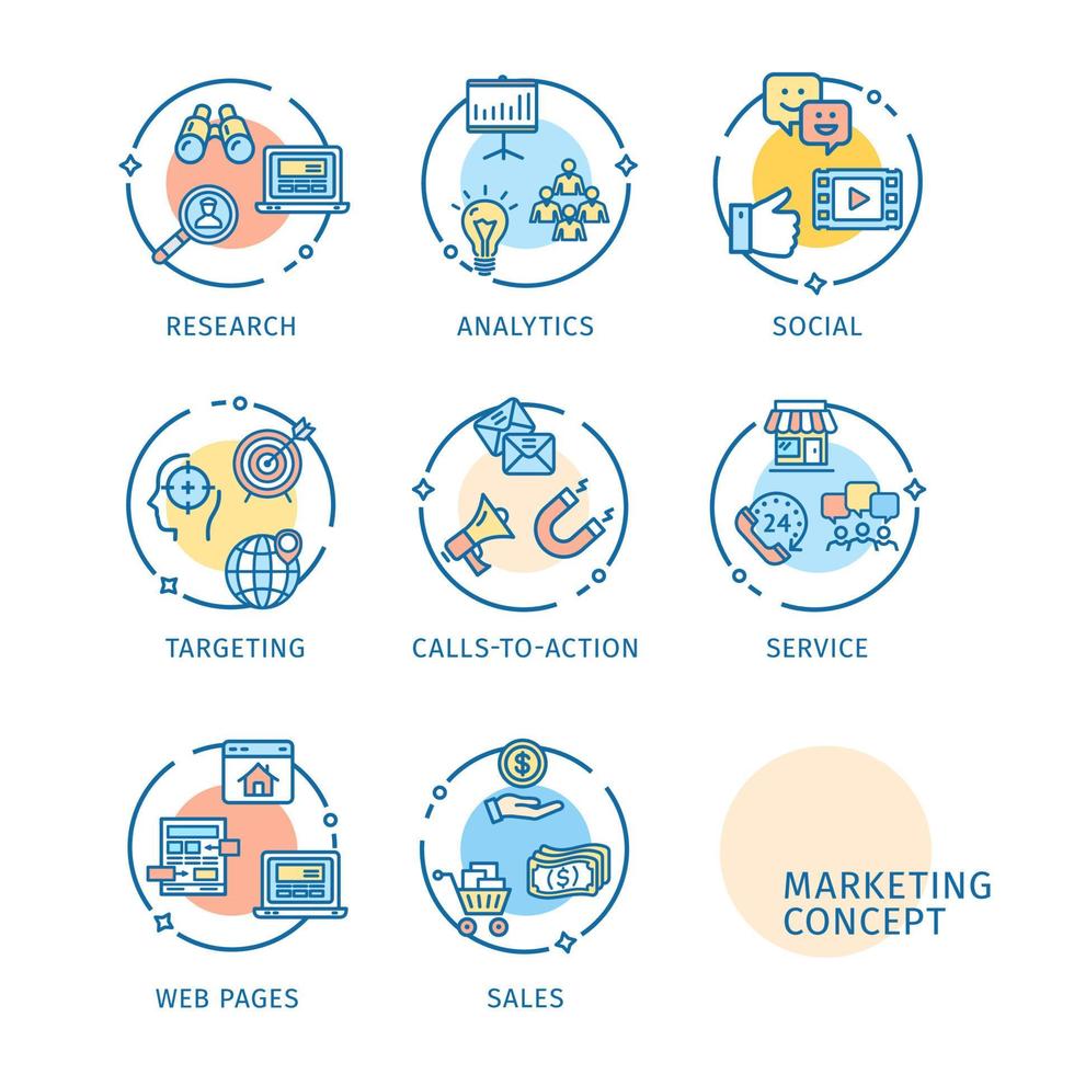 conjunto de etiquetas de iconos de línea delgada de concepto de marketing. vector