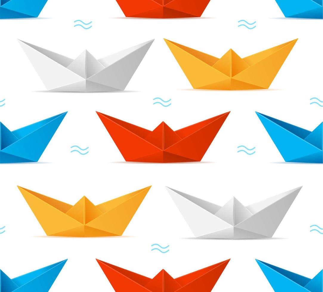 Realistic Detailed 3d Color Paper Boat Seamless Pattern Background. Vector