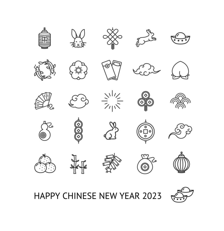 Chinese New Year Signs Thin Line Icons Set. Vector
