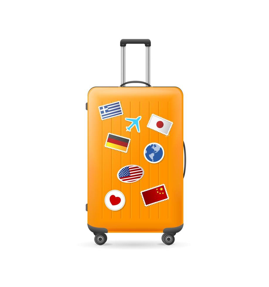 Realistic Detailed 3d Travel Suitcase with Sticker Flags. Vector