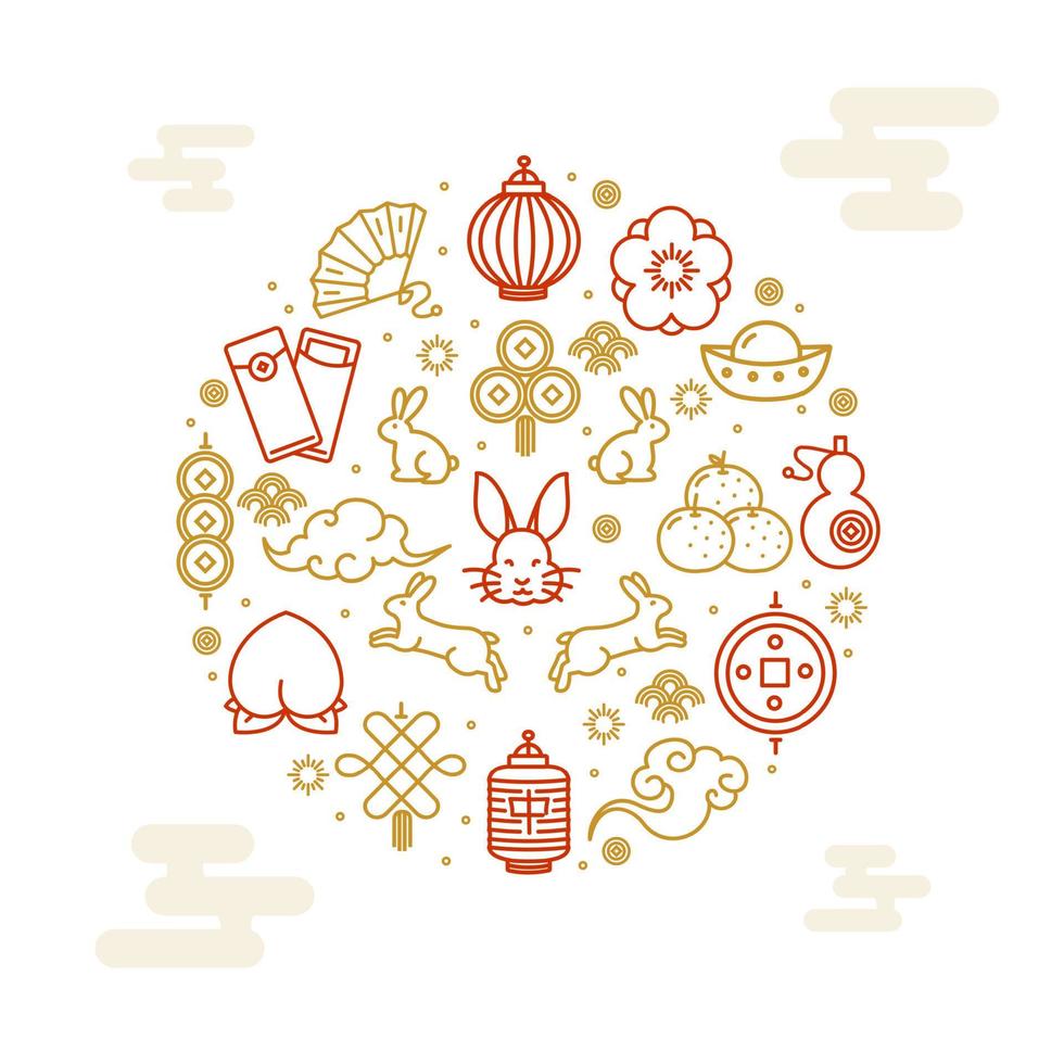 Chinese New Year Round Design Template Thin Line Icon Concept. Vector