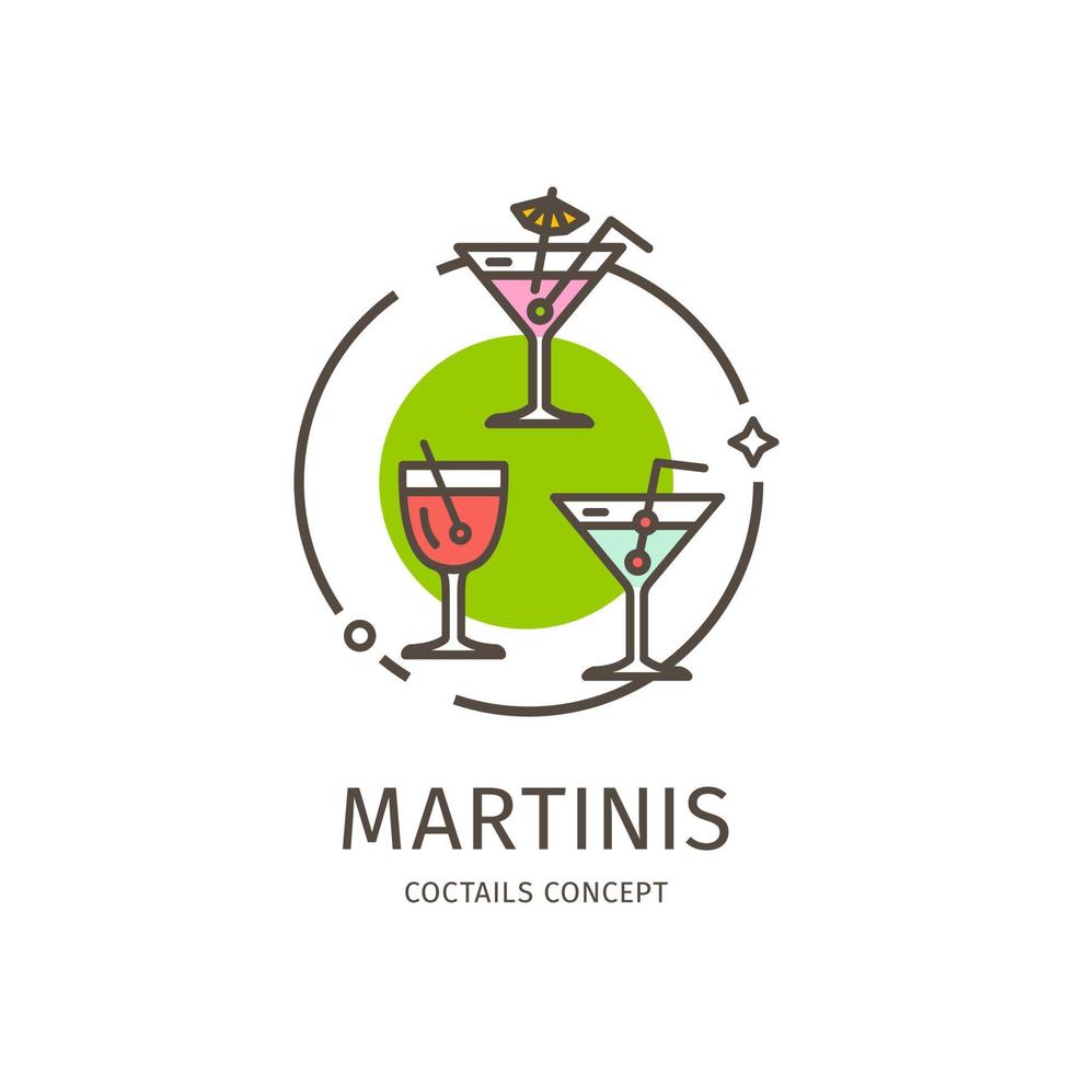 Coctails Martinis Thin Line Icon Concept. Vector