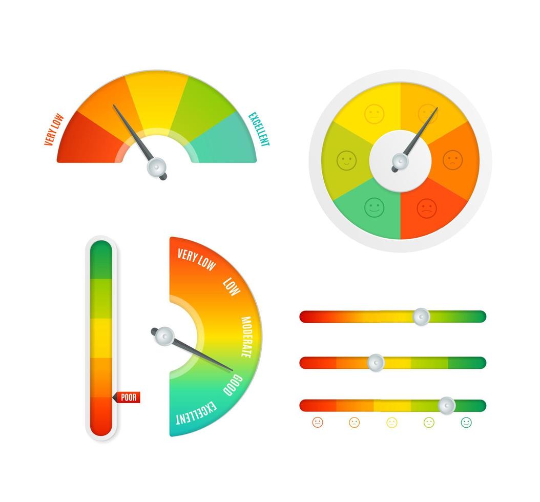 Realistic Detailed 3d Different Color Rating Level Indicator Set. Vector