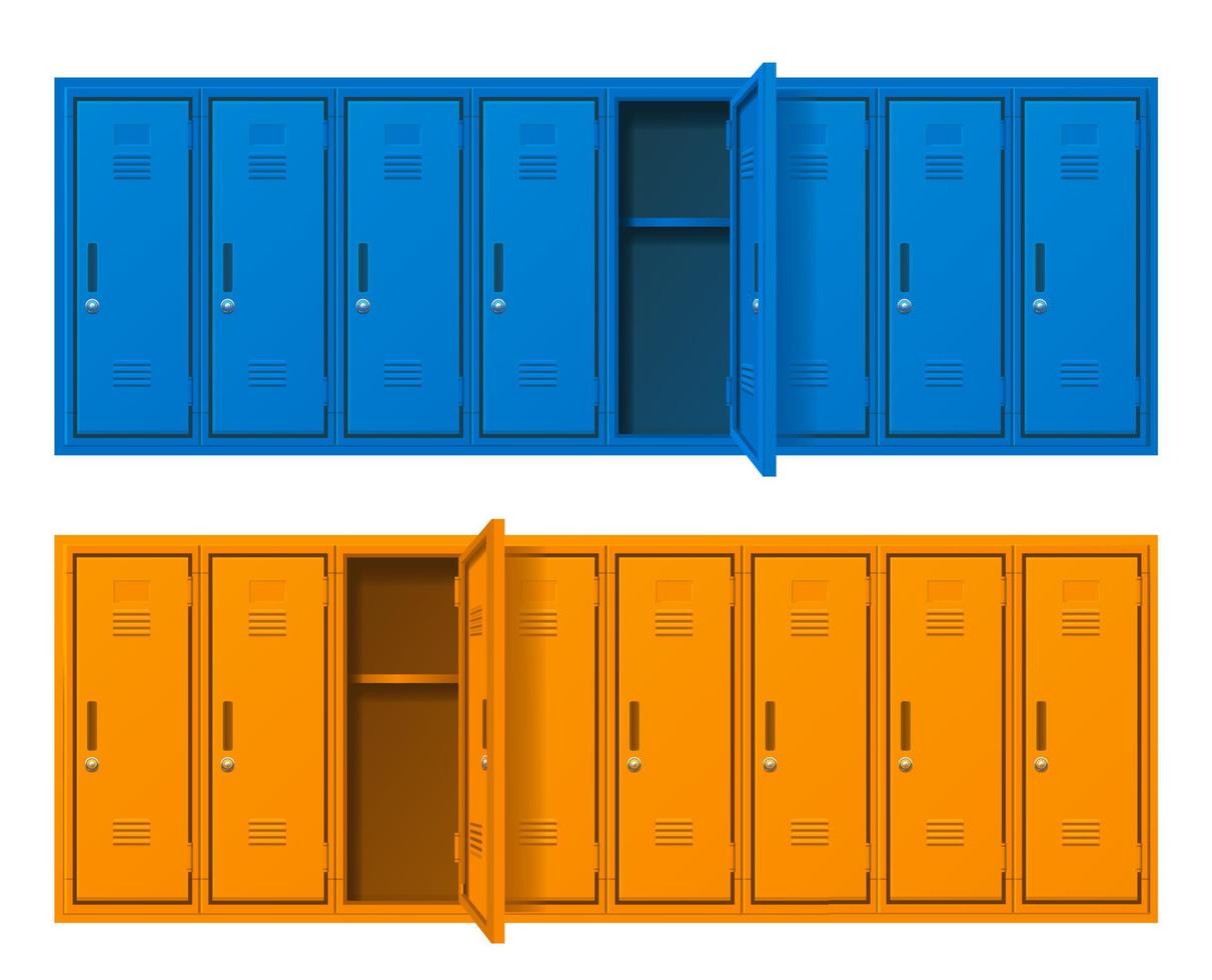conjunto de casilleros de gimnasio escolar azul y amarillo 3d detallado realista. vector