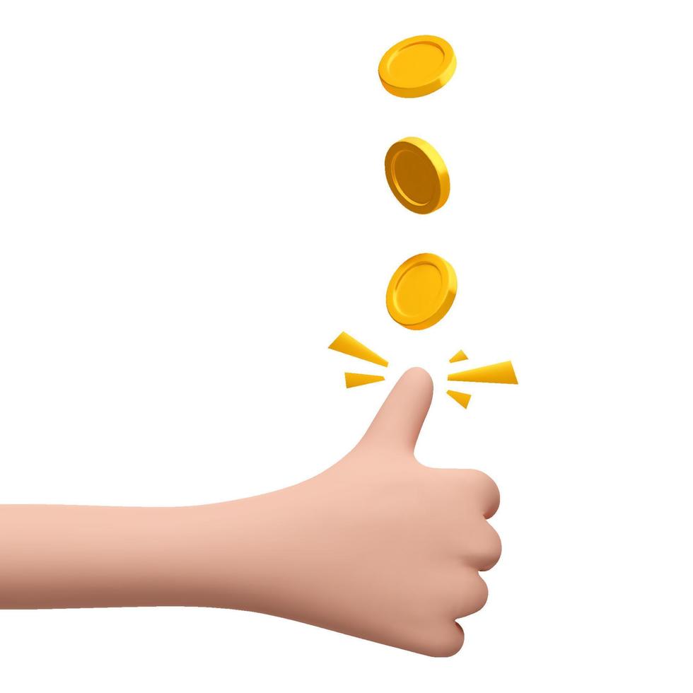 3d cartoon hand tossing, throw a gold coin. Decision making by chance. Excitement, luck, fortune. Vector realistic illustration isolated