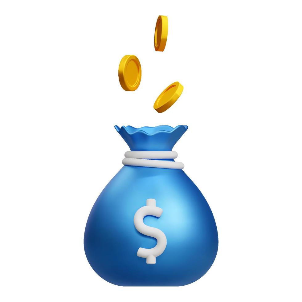 3D blue money bag with dollar and falling gold coins icon. Cash, interest rate, business and finance, return on investment, financial solution, payment concept. Vector cartoon illustration