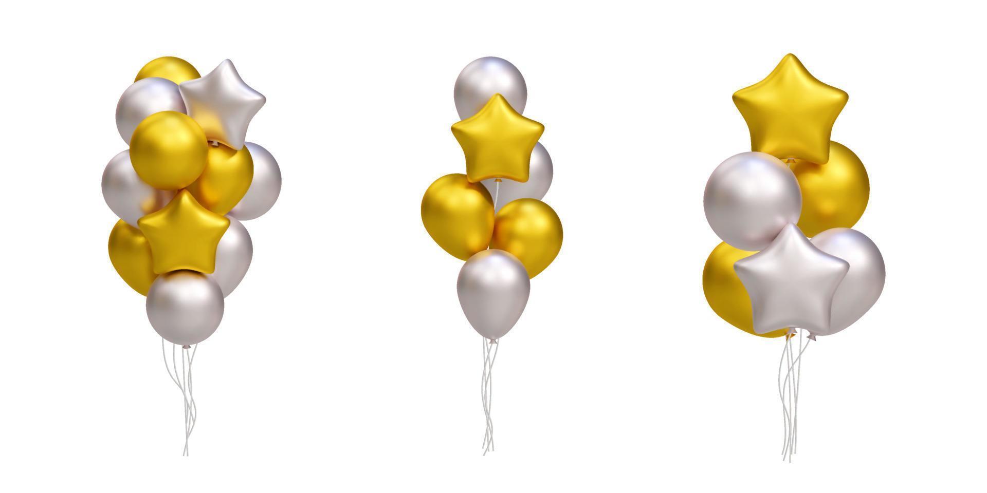 Bunch of realistic 3D golden and silver balloons. Star shape. Vector illustration decoration for card, party, design, flyer, poster, banner, web, advertising