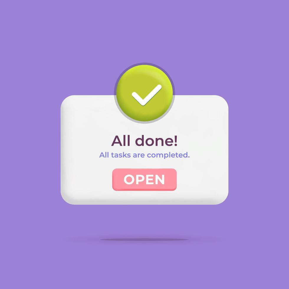 3d vector task manager app new reminder rectangle push notification with alarm check mark icon template design