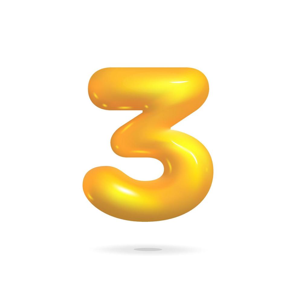 3d vector cartoon render amarillo brillante número 3 tres diseño web elemento aislado sobre fondo blanco